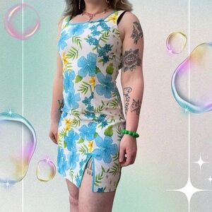 vtg y2k 2004 city triangles tropical mini bodycon dress with bows, sz 5